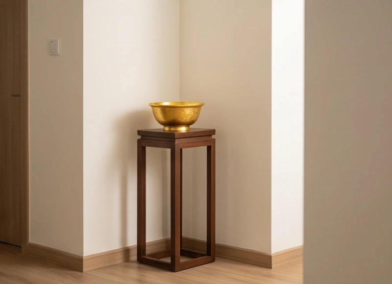 Góc chéo 45 độ tính từ cửa chính được chiếu sáng rực rỡ và trang trí bằng hũ tụ bảo