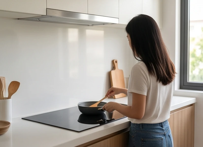 Hướng bếp hợp tuổi Sửu: Số đo Lỗ Ban và vật phẩm hóa giải 2 Người phụ nữ đứng nấu ăn tại bếp từ với phần lưng xoay về hướng cát lợi