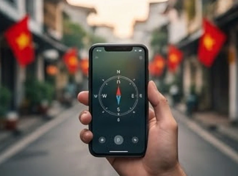 Người đàn ông sử dụng la bàn trên điện thoại di động để kiểm tra hướng Đông trước khi xuất hành đầu năm