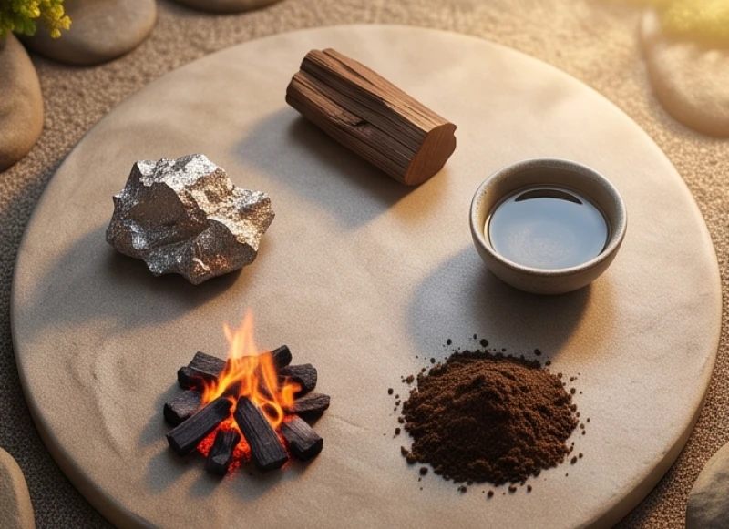 Mô hình 5 yếu tố Kim Mộc Thủy Hỏa Thổ đại diện cho niên mệnh của người sinh năm Thân