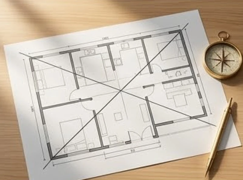 Hướng Cửa Chính Hợp Tuổi Mão: Đo La Bàn & Kích Thước Lỗ Ban 7 Bản vẽ mặt bằng sàn kiến trúc được vạch đường chéo để tìm tâm nhà