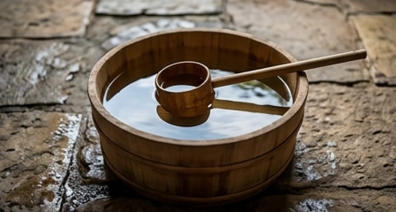 Chậu gỗ đầy nước giếng mát lành được dùng để thanh tẩy cơ thể mang đến cảm giác thư thái và rũ bỏ muộn phiền.