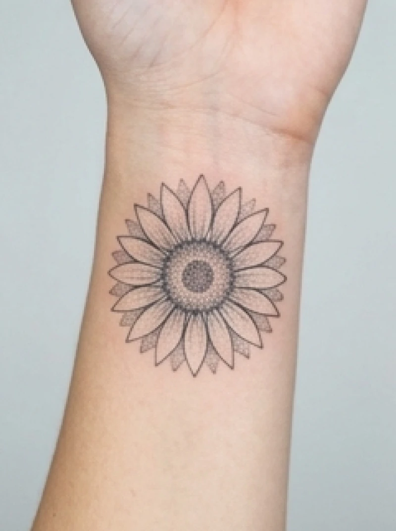 Hình xăm dotwork hoa hướng dương cách điệu với những hạt mực siêu mảnh tôn lên nét âm nhu uyển chuyển