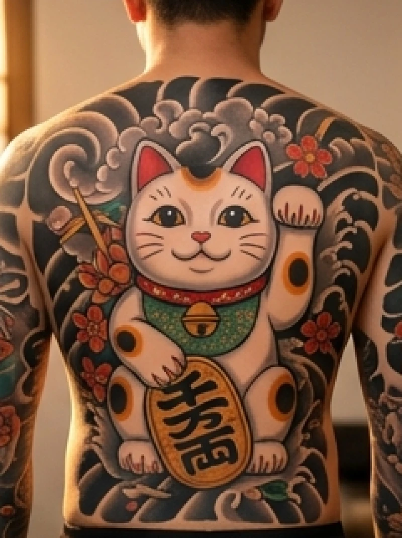Tác phẩm hình xăm mèo thần tài Maneki Neko phủ kín toàn bộ phần lưng với màu sắc rực rỡ