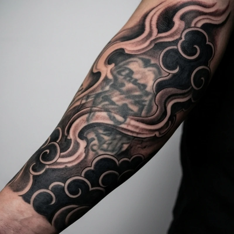 Hình xăm cover up khéo léo với dải mây khói đen đặc giúp khóa chặt nguồn năng lượng tiêu cực