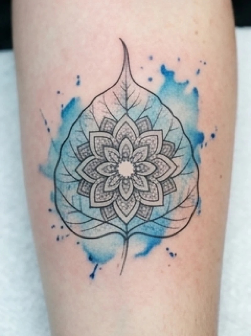 Hình xăm mandala họa tiết lá bồ đề kết hợp nền màu nước xanh dương nhạt loang mờ thanh thoát
