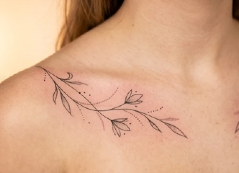 Họa tiết dây leo nét mảnh kết hợp kỹ thuật chấm hạt dotwork thanh tú trên xương quai xanh
