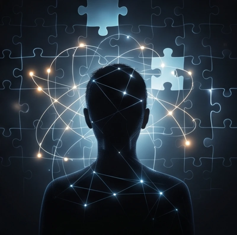 Người đàn ông nhắm mắt và tưởng tượng để xâu chuỗi các hình ảnh lộn xộn trong tâm trí