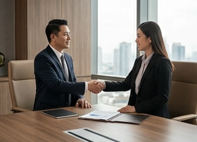 Đối tác kinh doanh trao đổi công việc và ký kết hợp tác trong không gian văn phòng làm việc sang trọng