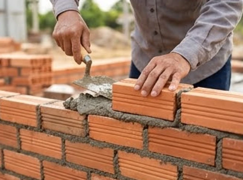 Người thợ xây đang cẩn thận đặt những viên gạch đỏ đầu tiên lên lớp vữa xi măng