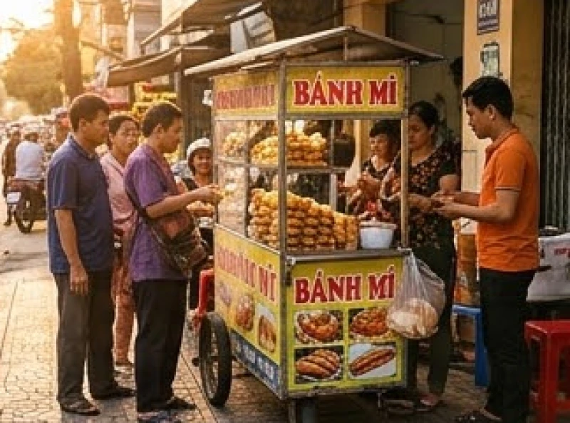 Xe đẩy bán hàng rong tấp nập người mua trên vỉa hè đường phố