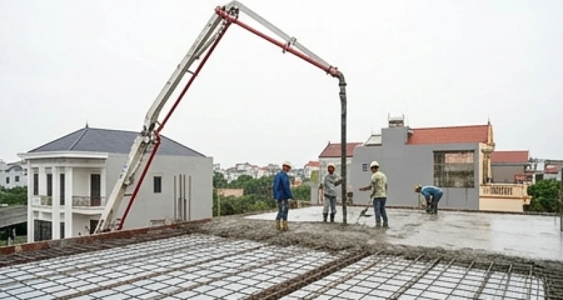 Văn khấn đổ mái nhà: Bài cúng chuẩn cổ truyền và nghi thức chi tiết 8 Xe bồn và vòi bơm đang trút những mẻ bê tông đầu tiên xuống sàn mái sau khi nghi lễ cúng bái đã hoàn tất
