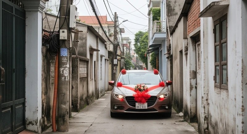 Đám cưới gặp đám ma là điềm gì: Cách nhường đường & hóa giải 2 Chiếc xe hoa đỗ nép sát vào lề phải của con ngõ nhỏ gọn gàng để nhường toàn bộ không gian di chuyển