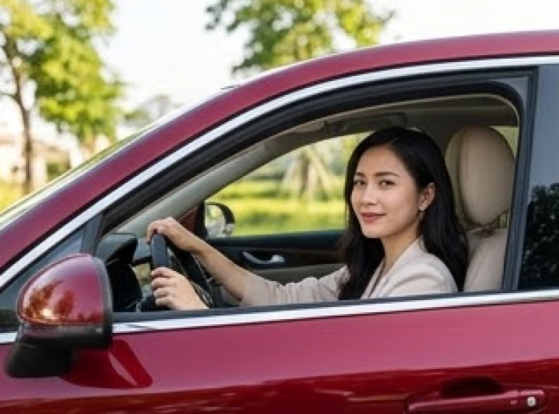 Phụ nữ hiện đại ngồi trên ghế lái chiếc xe hơi có tông màu đỏ mận rực rỡ
