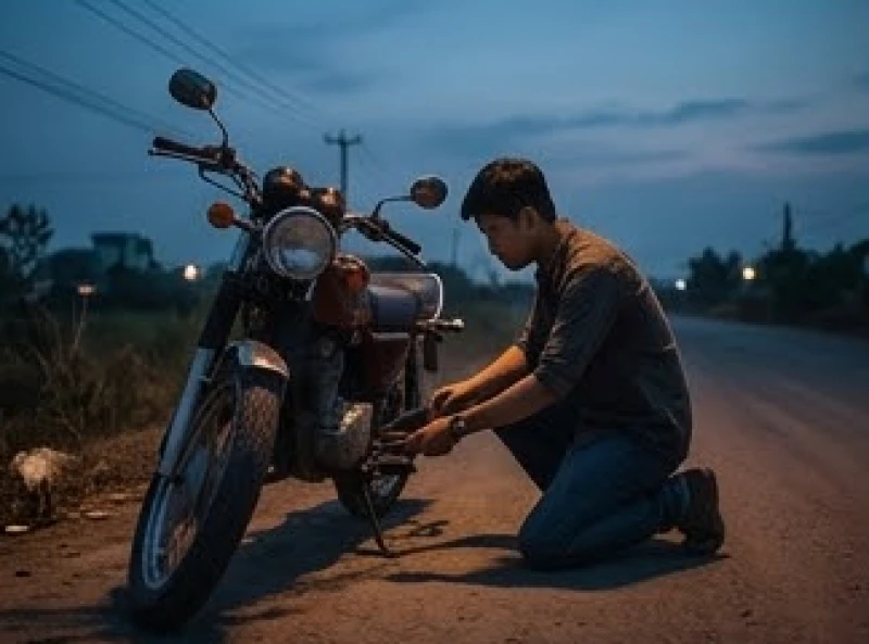 Mơ thấy chạy xe máy: Giải mã điềm báo và con số theo phong thủy 9 Người lái xe đứng loay hoay kiểm tra chiếc xe máy bị chết máy và xịt lốp giữa một con đường vắng vẻ