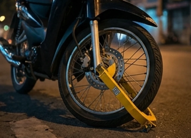 Mơ thấy công an bắt xe: Giải mã điềm báo & con số tài lộc 5 Bánh trước của một chiếc xe máy bị khóa chặt bằng cùm sắt chuyên dụng trên vỉa hè