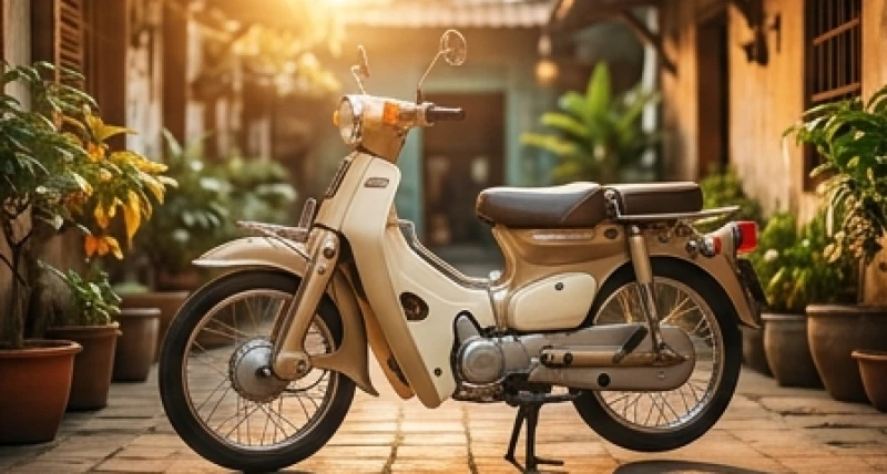 Chiếc xe máy kiểu dáng cổ điển đã qua sử dụng nhưng nước sơn vẫn sáng bóng và được bảo dưỡng cẩn thận