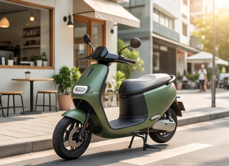 Xe máy điện màu xanh rêu thời trang di chuyển trên đường phố mang lại năng lượng tươi mới