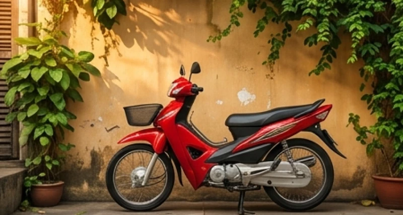 Chiếc xe máy màu đỏ nổi bật toát lên vẻ đẹp mạnh mẽ và năng động dưới ánh mặt trời rực rỡ