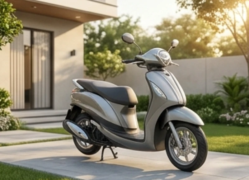 Chiếc xe tay ga hiện đại màu xám bạc đỗ trong không gian sân vườn ngập tràn ánh nắng