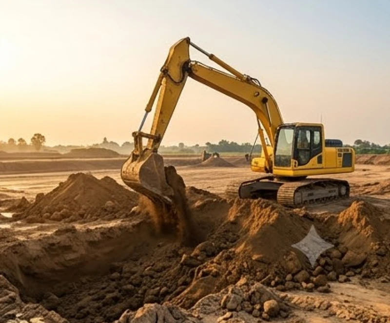 Mơ thấy cuốc đất: Giải mã tâm lý, điềm báo và số tài lộc 5 Chiếc xe máy xúc công trình đang hoạt động đào xới bãi đất rộng lớn vào buổi chiều