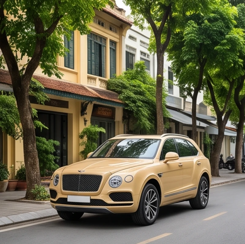 Chiếc ô tô gầm cao sang trọng màu vàng cát đỗ nổi bật trên một tuyến đường nội đô rợp bóng cây xanh mát