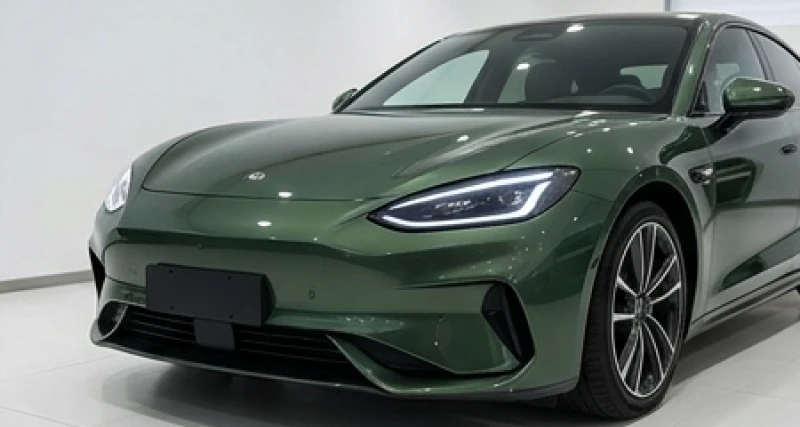 Phần đầu xe ô tô thể thao màu xanh rêu mạnh mẽ dưới ánh đèn showroom đại diện cho mệnh Mộc