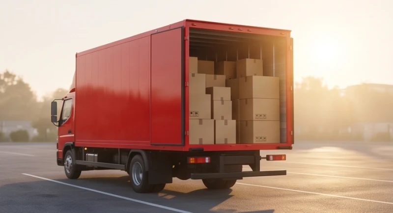Chiếc xe tải màu đỏ rực rỡ chở đầy ắp các thùng hàng xếp ngay ngắn dưới ánh bình minh ấm áp