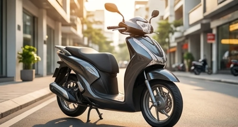Chiếc xe tay ga đời mới bóng bẩy đậu trên con phố đô thị ngập tràn ánh nắng buổi sáng