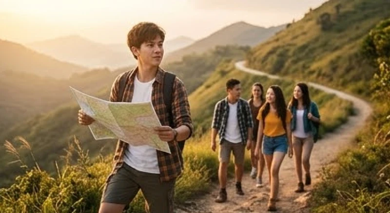 Mơ thấy đi chơi xa: Giải mã điềm báo và góc nhìn tâm lý 3 Một người cầm bản đồ hướng dẫn nhóm bạn thân trong chuyến đi phượt