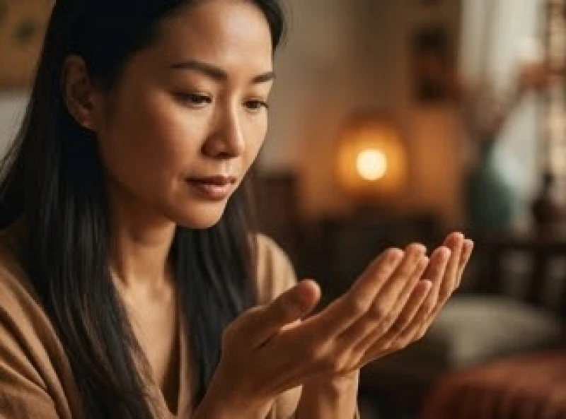 Chỉ tay chữ X giữa lòng bàn tay: Cách nhận diện chuẩn xác và giải mã 2 Người phụ nữ tập trung quan sát đường chỉ tay tại vùng bình nguyên Hỏa Tinh ở lòng bàn tay
