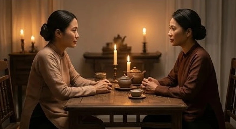 Hai người phụ nữ đang ngồi đối diện nhau trò chuyện ân cần bên bàn trà