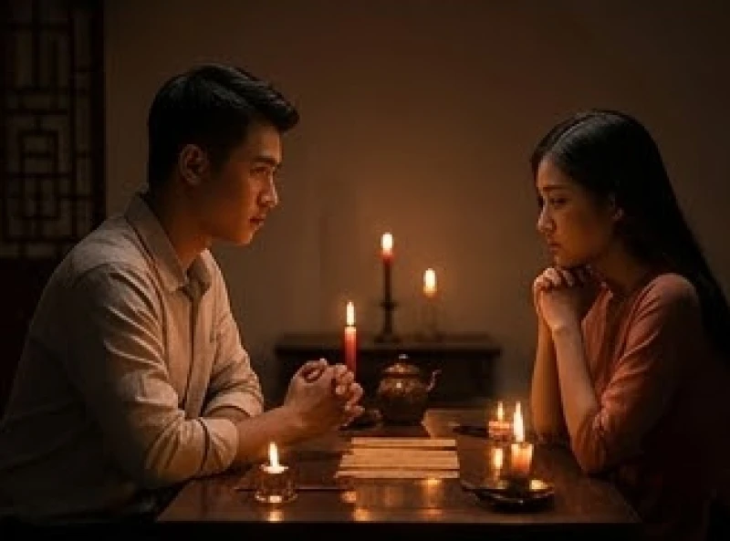 Nam nữ thanh niên ngồi đối diện nhau trong không gian ánh nến mờ ảo tại một buổi trò chuyện tâm linh
