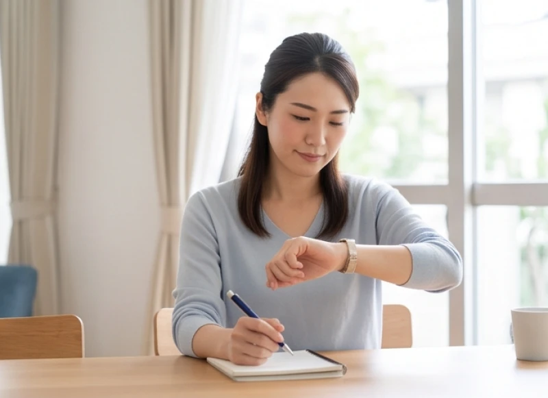 Má trái giật là điềm gì? Ý nghĩa tâm linh nam nữ và y khoa 3 Một người phụ nữ ngồi ghi chép sổ tay, xem đồng hồ để theo dõi thời gian má trái bị giật.