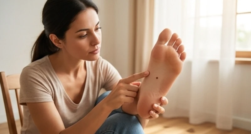 Người phụ nữ đang xem xét nốt ruồi ở chân với vẻ mặt tò mò trong không gian phòng khách sáng sủa