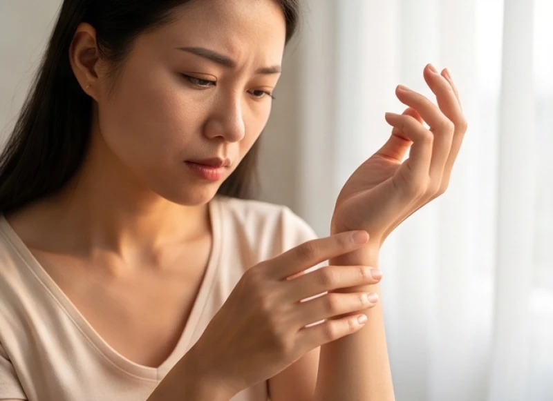 Người phụ nữ đang chú tâm quan sát lòng bàn tay phải của mình để đối chiếu với quy tắc phong thủy truyền thống
