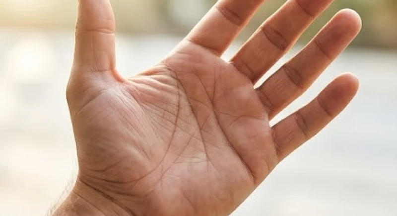 Nam giới xòe bàn tay phải dưới ánh nắng tự nhiên để kiểm tra các đường chỉ tay chữ M tay phải nam liền mạch