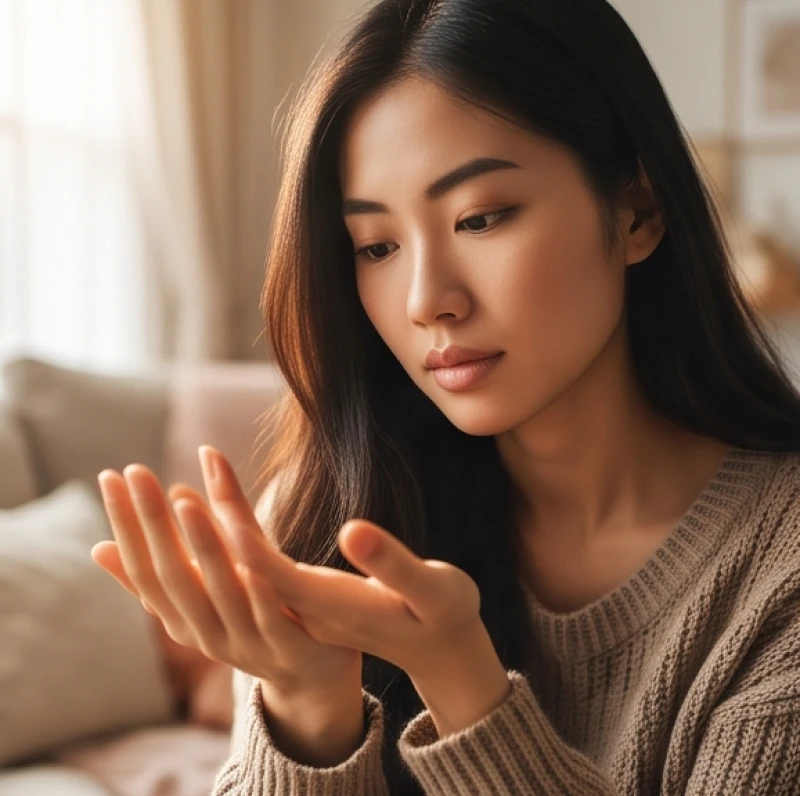 Đường sự nghiệp rẽ nhánh: Giải mã mốc tuổi và lộ trình đổi nghề 1 Người phụ nữ đang xem xét kỹ các đường chỉ tay trên lòng bàn tay trái của mình dưới ánh sáng tự nhiên