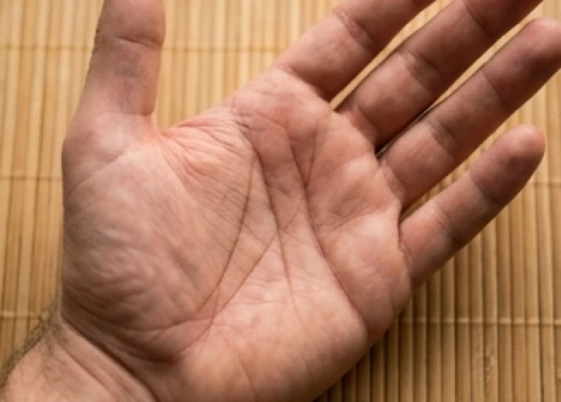 Người đàn ông đang ngửa lòng bàn tay phải để quan sát các đường vân thể hiện nỗ lực phấn đấu ở hiện tại
