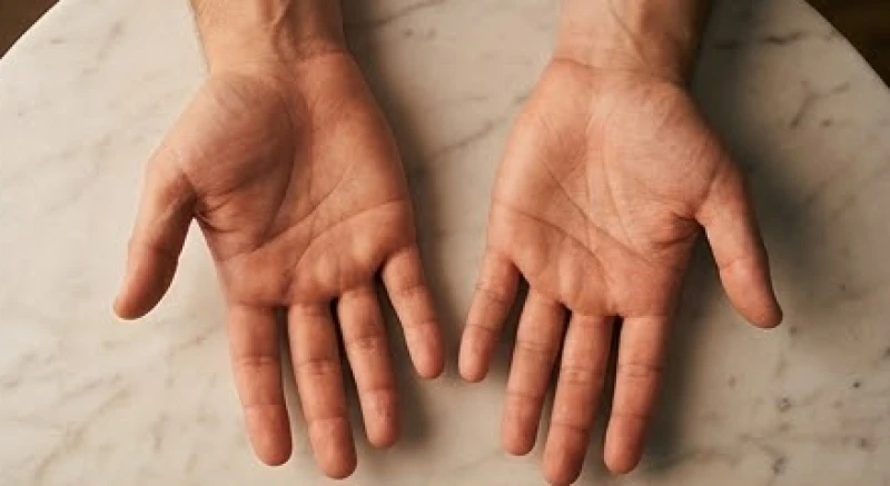 Hai bàn tay nam và nữ mở ra đặt cạnh nhau để so sánh các đường chỉ tay bẩm sinh và thực tại