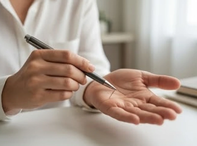Một người đang dùng tay cầm bút chỉ vào các đường vân trên lòng bàn tay còn lại