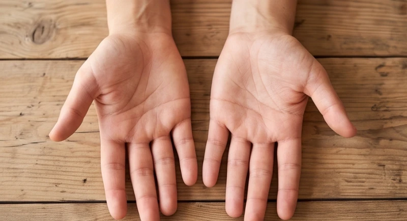 Hai bàn tay đặt cạnh nhau để so sánh các đường chỉ tay giữa vận bẩm sinh và vận hậu thiên