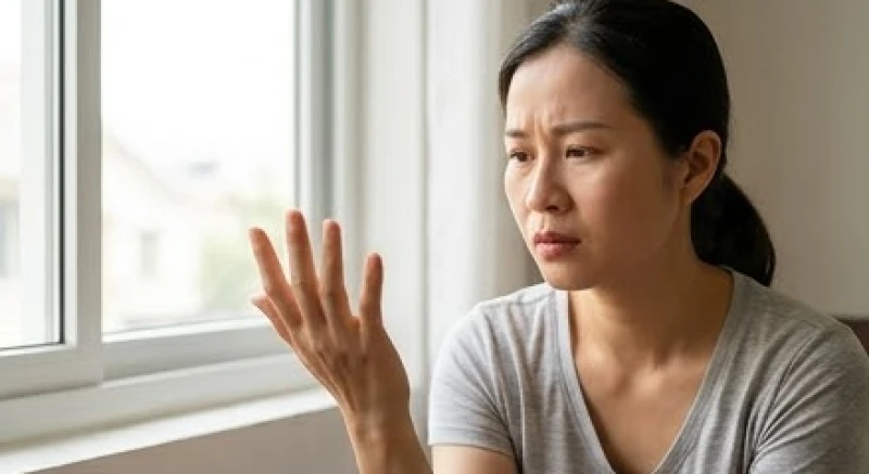 Một người phụ nữ đang cẩn thận quan sát đường chỉ tay sức khỏe trên lòng bàn tay trái của mình