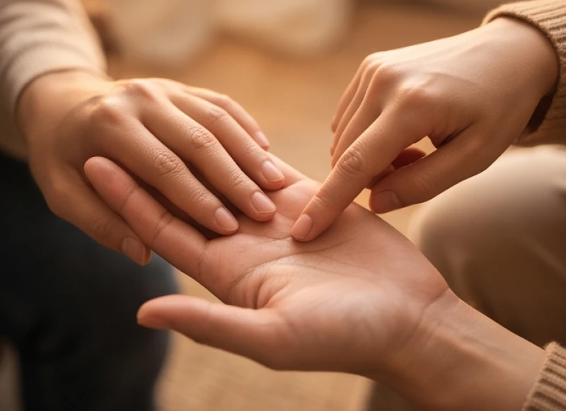 Thầy bói hoặc người xem chỉ tay đang quan sát kỹ đường tâm đạo rẽ nhánh trên bàn tay