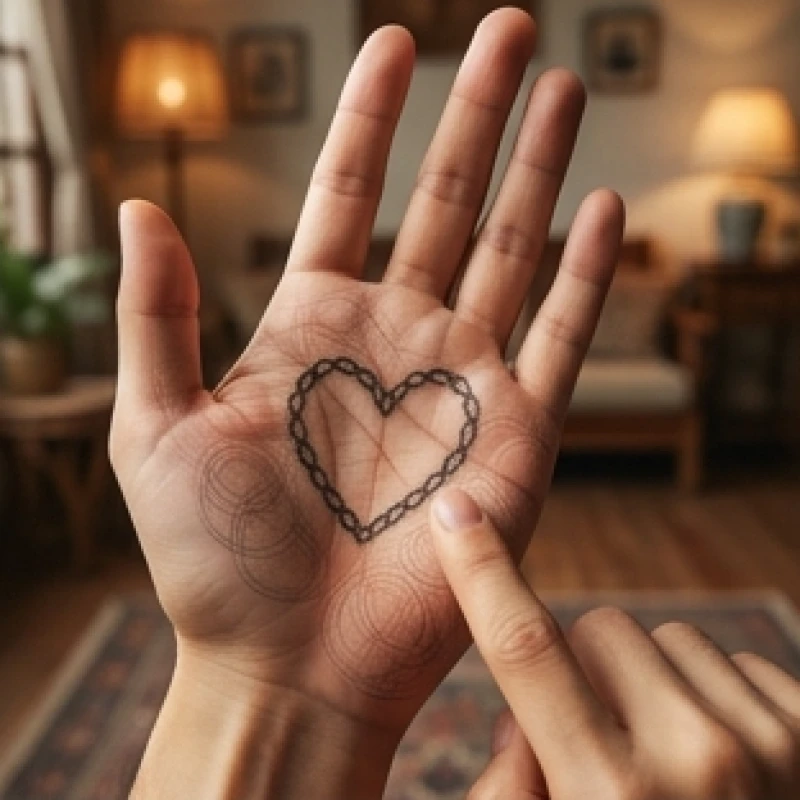 Bàn tay mở rộng để lộ đường tâm đạo hình dây xích với những vòng nhỏ đan móc liên tiếp