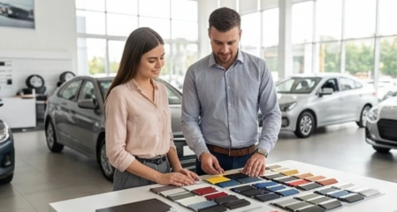 Khách hàng nam và nữ xem xét các bảng màu sơn xe hơi khác nhau tại đại lý ô tô