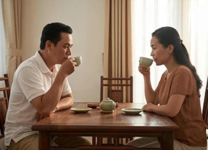 Hai người nam và nữ ngồi đối diện nhau thưởng thức trà trên chiếc bàn gỗ truyền thống
