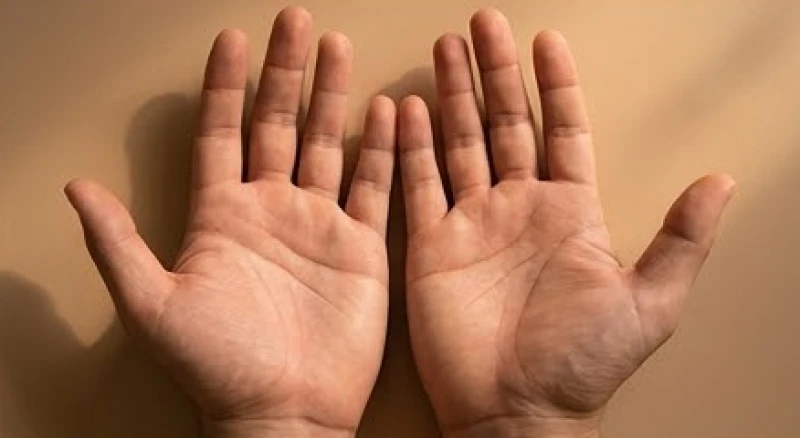 Đặt hai lòng bàn tay ngửa cạnh nhau để so sánh sự khác biệt về độ sâu và nét đứt của các nếp gấp