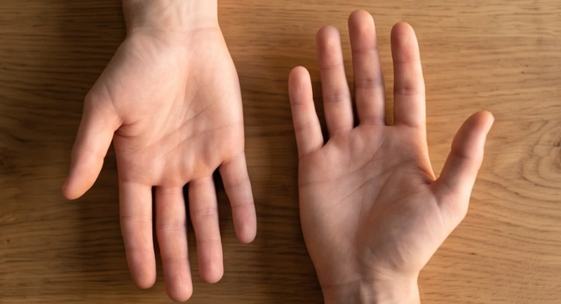 Đôi bàn tay lật ngửa đặt cạnh nhau giúp so sánh và phân tích đường thái dương qua tay thuận