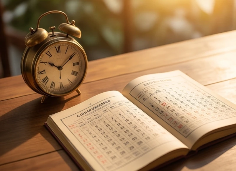 Tuổi Thìn khai trương ngày nào tốt: Giờ đẹp và văn khấn chuẩn 10 Chiếc đồng hồ cổ đặt cạnh một cuốn sách phong thủy mở sẵn trang ghi chú các khung giờ Đại An và Tốc Hỷ
